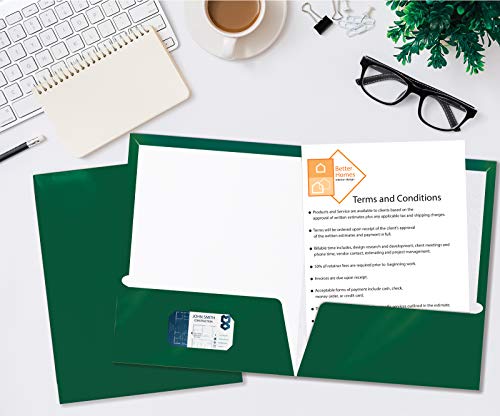 Image of Better Office Products 2 Pocket Glossy Laminated Dark Green Paper Folders, Box of 25, Letter Size, Dark Green Paper Portfolios