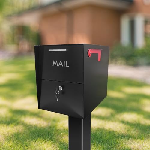 HLILBTE XL Post-Mount Mailbox, Weather Resistant, Large Outdoor Mailboxes, Galvanized Steel Heavy Duty Mailbox, Easy to Install, Flag Included, Black
