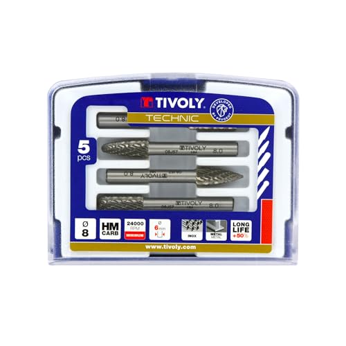 TIVOLY - Coffret de 5 Fraises Limes Ø8 mm pour Métaux - Queue Cylindrique Ø6 mm - Tête Carbure de Tungstène - Denture Brise-Copeaux
