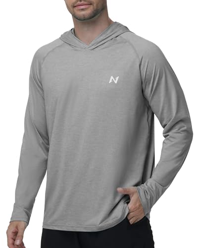 isnowood Men's Sun Protection Fishing Shirts, UPF 50+ Long Sleeve UV Hoodie, Hiking Swimming Hooded Rash Guard Lightweight Heather Grey