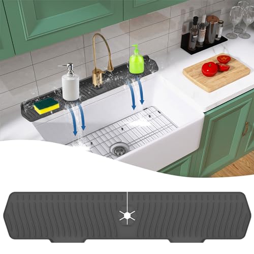 30in Kitchen Sink Splash Guard Mat, Silicone Faucet Mat Handle
