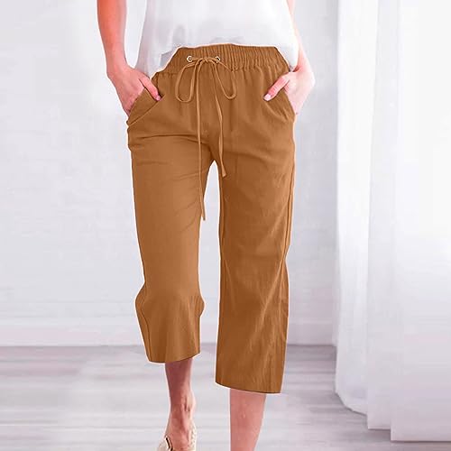 Women Capris Pants Casual Lightweight Wide Leg Pant Drawstring Elastic Capris Pant 3/4 Length Beach Pants