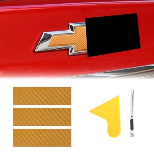 Image of QianBao Compatible with Carbon Fiber Vinyl Wrap 11.8 inch x 4 inch Chevy Bowtie Emblem Wrap Kit with Spatula and Cutter 3 Pcs Universal Logo Overlay Gold