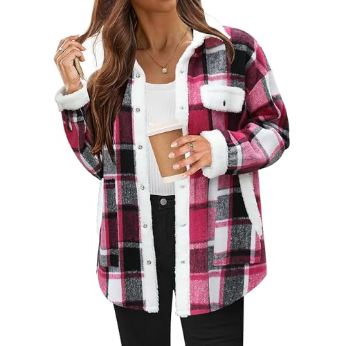 Flannel Plaid Jacket Women Fuzzy Fleece Fashion Oversized Long Sleeve Winter Coat Jackets 2025 Casual Pocket Outfits2