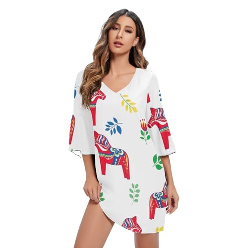 Robe col en V motif floral nordique à manches 3/4 pour femme