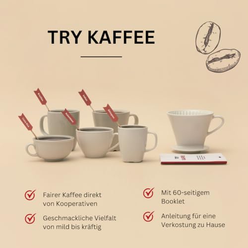TRY Kaffee Geschenkbox, ganze Bohnen - 5x 50g Gourmet-Kaffees aus aller Welt & 1 Broschüre - die Geschenkidee für Kaffee-Liebhaber
