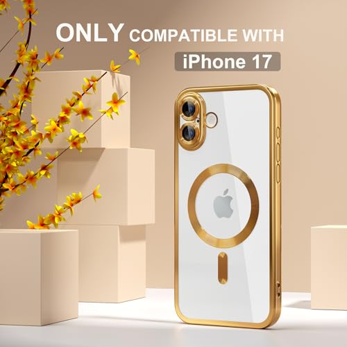 Image of Misea Magnetic for iPhone 17 Case Compatible with MagSafe Gold | [Never Yellowing] [Military Drop Protection] Full Camera Lens Protector Plating Soft Clear Phone Case for Women, Gold