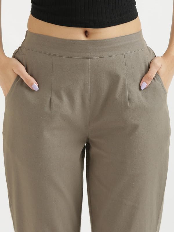 Image of SAADAA Women's Regular Fit Mid-Rise Cotton Pants | Half-Elasticated Waist | Comfortable Casual Trousers with 2 Pockets for Daily, Office & Travel Wear |
