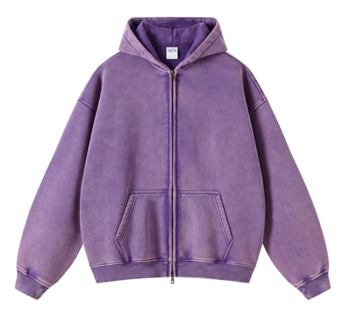 DXSHCV Oversize Men's Vintage Hoodie Zip Up Long Sleeve Sweatshirt with Pockets Acid Wash Streetwear Fleece Hoodies Jacket Purple