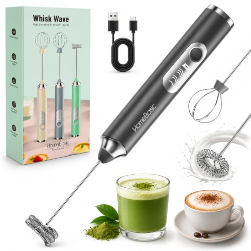 Image of HOMEBASIC Coffee Frother Electric Handheld, 3-Speed Milk Frother Rechargeable with Dual 304 SS Whisks, 8000 RPM Foam Maker for Latte, Cappuccino, Matcha, Eggs | Whisk Wave (Grey)