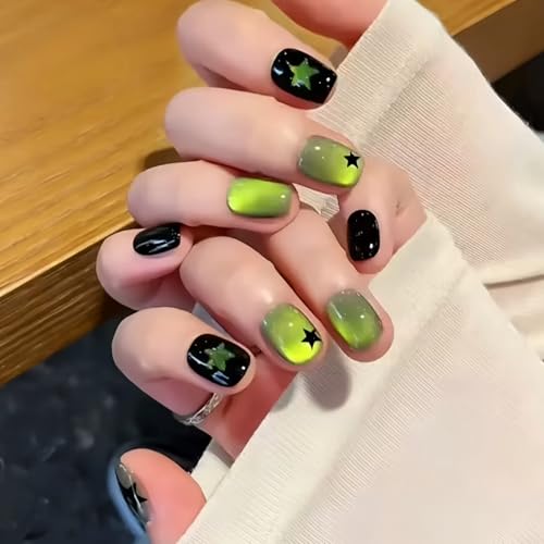 Black Green Handmade Press On Nails Short Square 10Pcs Fake Nails Stars Luxury Glue on Nails Reusable Acrylic False Nails Manicu