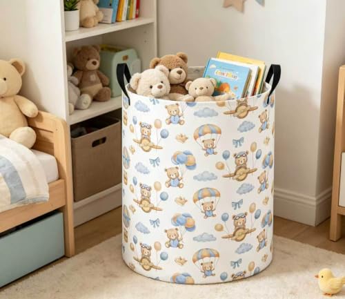 Image of Baby Laundry Basket Baby Nursery Hamper Kids Laundry Basket Toy Storage Bin for Boys Room Decor Gift Baskets for Bedroom Bathroom(Bear Pilot)