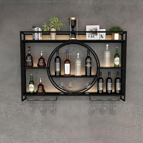 Étagères à bouteille d'alcool flottantes en fer avec porte-verre à vin