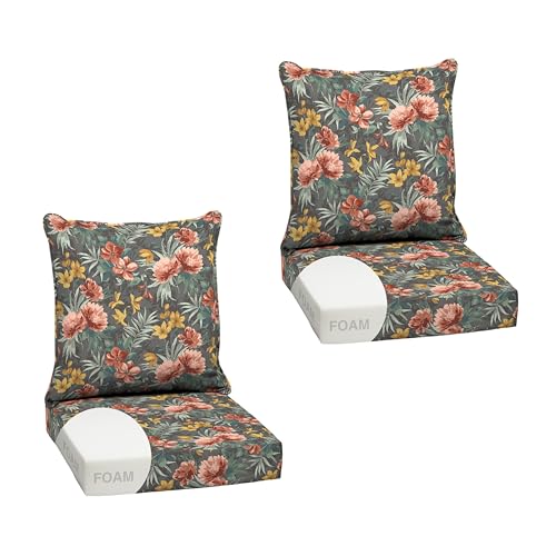 Image of Arden Outdoor Foam Deep Seat Cushion Set, 2-Pack, 24x24, Premium High-Density Foam, Never Flattens, Weather-Proof for Patio Chair Sofa Couch, Phoebe Grey Floral