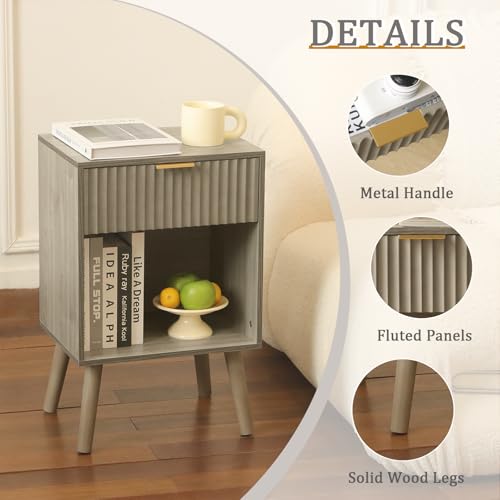 Image of Fultyle Mid Century Modern Nightstand, Wood Bedside Table with Drawer and Opening Storage, End Table Living Room Fluted Night Stand with Solid Wood Legs for Bedroom (Grey)