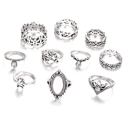 38Pcs Vintage Knuckle Rings Set Gemstone Bohemian Stackable Finger Rings Midi Rings for Women Aesthetic Hollow Carved Crystal Gold&Silver Rings Rhinestone Joint Rings (10pcs boho rings silver)