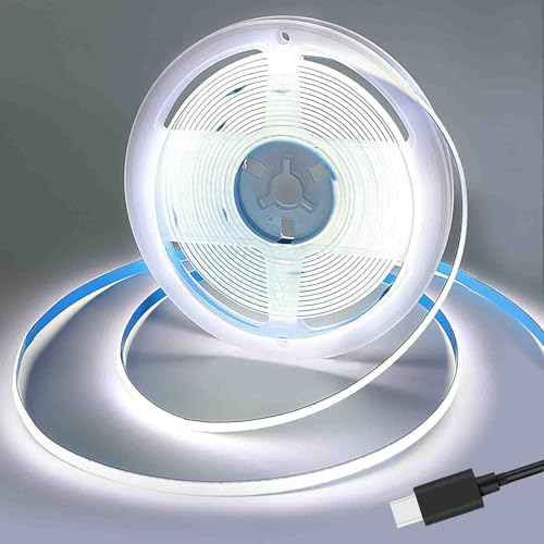 Image of USB Type-C Powered 5V COB LED Strip Light,1M /3.28Ft 320LEDs Pure White 6000K Soft Dotless Tape Light for TV /Monitor /Under Cabinet Kitchen /Wardrobe /Stairs Step Background Ambient DIY Lighting