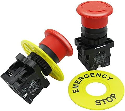 mxuteuk 2pcs 22mm 2NC Red Mushroom Emergency Stop Push Button Switch AC 660V 10A ，1 Year Warranty HB2-ES544