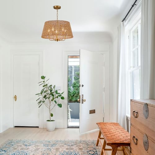 Image of 19.7 inch Gold Boho Rattan Chandelier, 5-Light Wicker Light Fixture | Hand-Woven Rattan; Vintage Farmhouse Style; Adjustable Height; Drum Chandeliers for Dining Room, Kitchen, Bedroom, Entryway