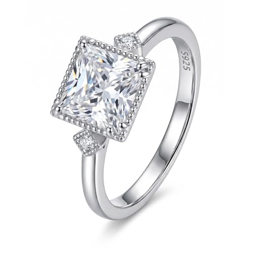 TOPROO Square CZ Ring for Women, 925 Sterling Silver Plated 14K White Gold with Multi Cubic Zirconia, Halo Fashion Eternity Band for Daily Wear Gift, US Size 5-9