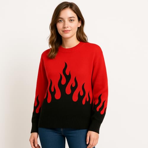 Unisex Pullover Crewneck Long Sleeve Knit Sweater with Woven Flame Pattern Street Fashion Warm Outfit for Men and Women2