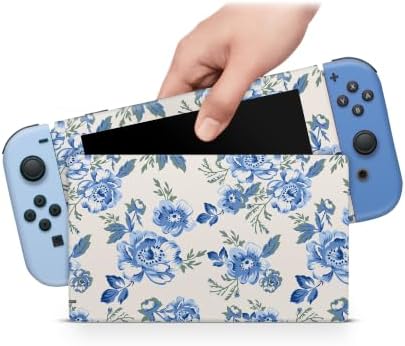 ZOOMHITSKINS Matte Skin Compatible with Switch, Blue Floral Bouquet Vintage Design, Durable 3M Vinyl Decal Wrap, Precision Fit, Bubble-Free, Made in USA - 1