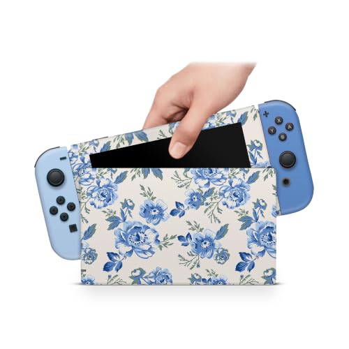 ZOOMHITSKINS Matte Skin Compatible with Switch, Blue Floral Bouquet Vintage Design, Durable 3M Vinyl Decal Wrap, Precision Fit, Bubble-Free, Made in USA