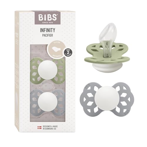 BIBS Infinity Anatomical Glow in the Dark Soother 2-Pack, BPA Free, Orthodontic Nipple. Silicone, Made in Denmark, Size 2 (6-18 Months), Sage Glow/Cloud Glow