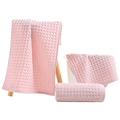 Yiluomo 100% Cotton 3 Pieces Towel Set | Waffle Weave | Pale Pink | Highly Absorbent | Soft & Light Weight | Machine & Hand Washable | 1 Bath - 1 Hand - 1Wash Towels #TOP2