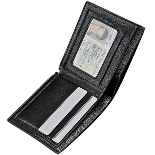 LUFFLOK Carteras Slim PU Cuero, Negro Tarjeta de Billetera para Hombres y Mujeres, 2 Compartimentos para Billetes, Minimalista Carteras para Hombres con ID Tarjeta Ventana, Bolsillo Monedas (Negro)