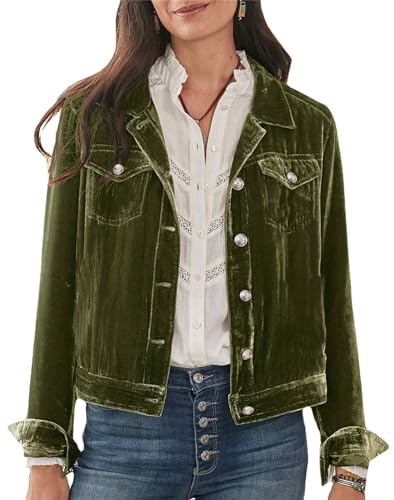 Women's Solid Cropped Velvet Jacket Casual Button Down Short Coat with Pockets Cargo Tops Green XXL