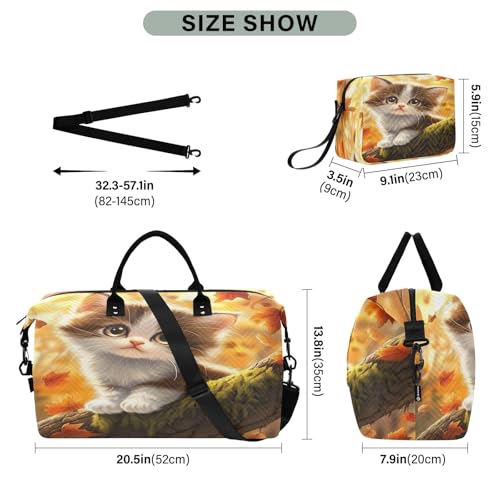 Weekender Bags Travel Duffel Gym Bag Little Cat Maple Leaf Carry on Overnight Tote Bag with Toiletry Bag for Airplane Travel Trip Gym Yoga3
