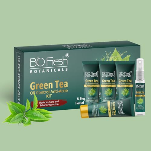 Image of Biofresh Botanicals Green Tea Facial Kit 5-Step Easy Solution for Oil Control Acne Reduction Sebum Production with Brighten Skin Complexion and Glow at Home 100% Vegan Facial Kit for All Skin Types