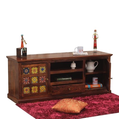 Image of Solid Wood TV Unit for Living Room 55 Inch Furniture - Wooden TV Unit with Storage Cabinet with 1 Drawr, 6 Shelves Wooden TV Cabinet for Living Room - Fits up to 55-Inch TV (Bennett)