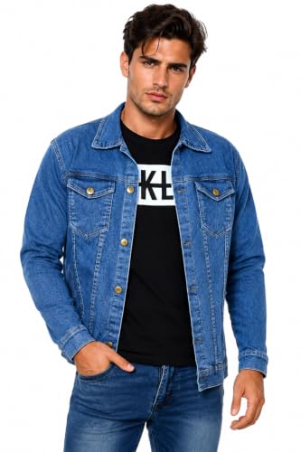 Image of Men's Blue Denim Jacket with Button Closure and Chest Pockets