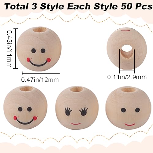 GORGECRAFT 150pcs 3 Styles Smile Wooden Beads 12mm Face Spacers with 2.9mm Hole for DIY Craft Bracelet Necklace Jewelry Making - Image 2