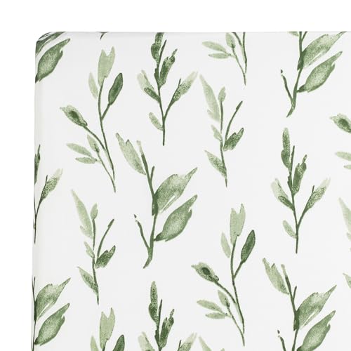 Image of Crane Baby 100% Cotton Sateen Crib Sheet, Fitted for Cribs and Toddler Beds, Baby Crib Sheets, Baby Bedding for Boys and Girls, Green Leaf