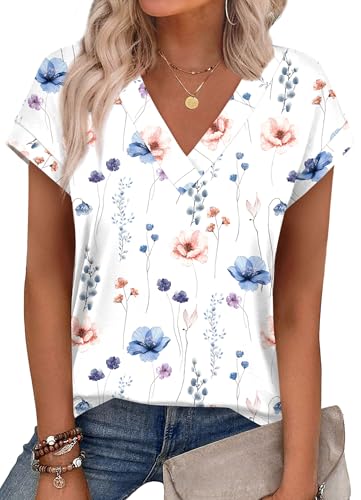 Tshirts Shirts for Women Cap Sleeve Summer Tops Business Casual Outfits V Neck Blouses for Women Dressy Casual Beach Vacation Clothes M