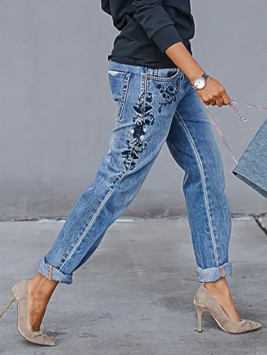 Flamingals Carrot Jeans for Women Mid Rise Casual Floral Embroidery Wash Roll Hem3