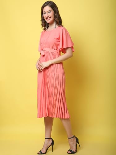 Image of Fabflee Women's Polyester A-Line Standard Length Dress (FB-P1-Pleated-201 XXL Pink