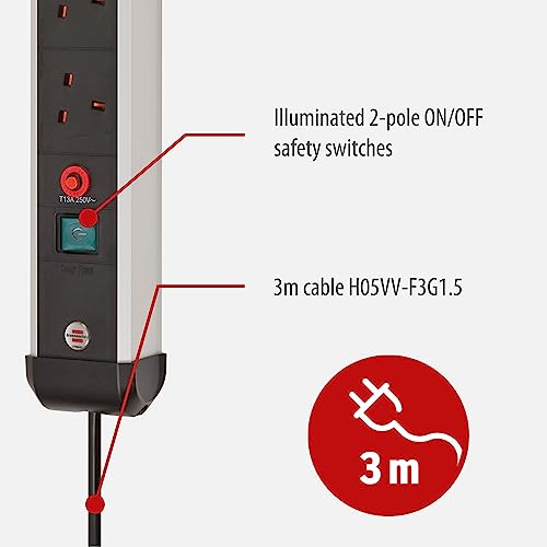 Brennenstuhl Premium-Alu-Line FB, 5-way extension lead with 2 USB charging ports (with switch, 3m cable and aluminium housing - Image 3