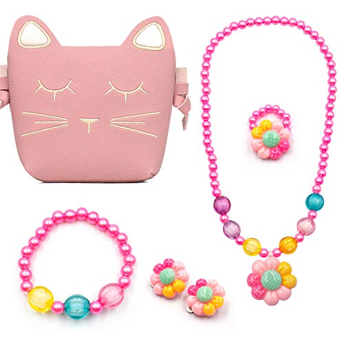 Childrens Play Jewelry Set, Little Girls Pink Purse for Kids Halloween Christmas Birthday Gift