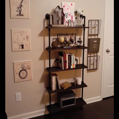 5-Shelf-Industrial-Pipe-Shelving-Black-Modern-Bookcase-Bookshelf-Wall-Mount-Ladder-Shelf-with-Metal-Frame-Display-Selves