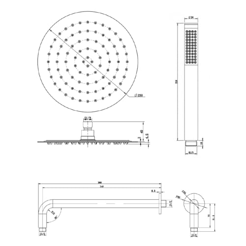 Ogomondo Kit Doccia Circolare Round-2 Soffione 250 Mm In Acciaio Inox, Doccino Con Presa Acqua, Finitura Oro (Oro Matt Satinato) - 7