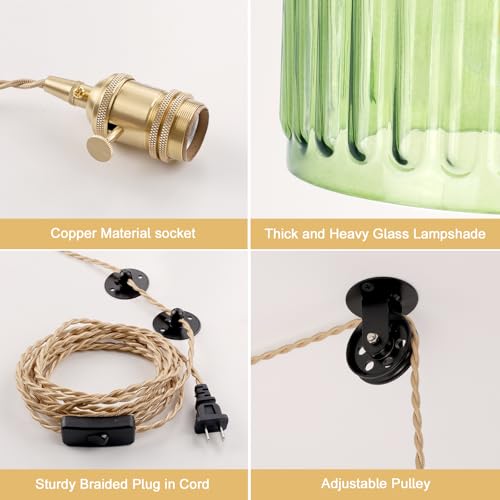 Image of Shenmoyl Plug in Pendant Light Hanging Light Fixture Corded On /Off Switch Brass Pendant Light with Green Striped Glass Lampshade for Bedroom Living Room Kitchen Island