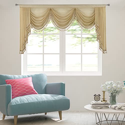 Oyring Waterfall Sheer Window Curtains Valance For Living Room - Tassels Swag Curtain Valance For Bedroom Rod Pocket Topper Curtains (Beige, W89 Inch) #TOP6