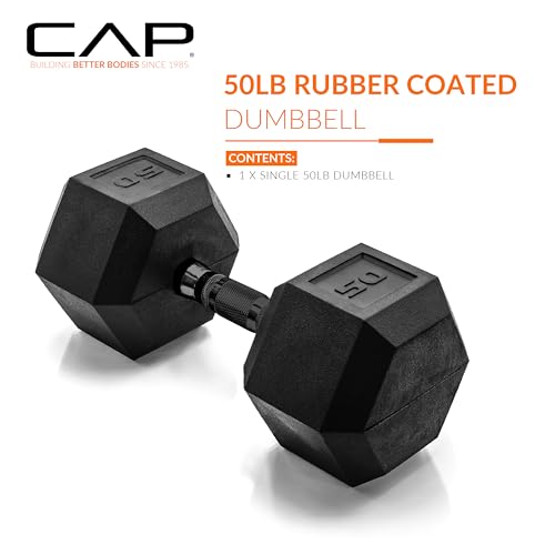 Image of CAP Rubber Coated Dumbbell Weights, Free Weights for Home Gym Strength Training, Anti-Roll Hex Dumbbells with Black, Chrome & Comfort Grip Handles, Singles