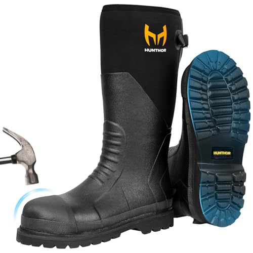 Rubber Work Boots, Puncture-Proof with Steel Toe & Shank, Lightweight Waterproof Anti Slip EVA Outsole Hunting Boots for Men, 6mm Neoprene for Construction, Manufacturing or Farming(Black,Size 9)