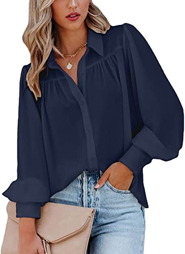 ZIOOER Camisa De Las Mujeres Casual Manga Larga Solapa Blusa Femenina Suelta Bolsillo Botón Elegantes Tops Azul Tibetano XL