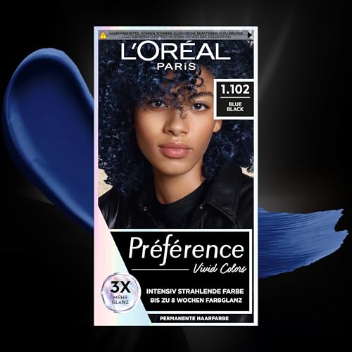 Foto von L'Oréal Paris Intensive dauerhafte Haarfarbe, Bis zu 8 Wochen glänzendes Haar und intensive Farbe, Préférence Vivid Colors, Farbe: 1.102 BLUE BLACK, 1 Stück